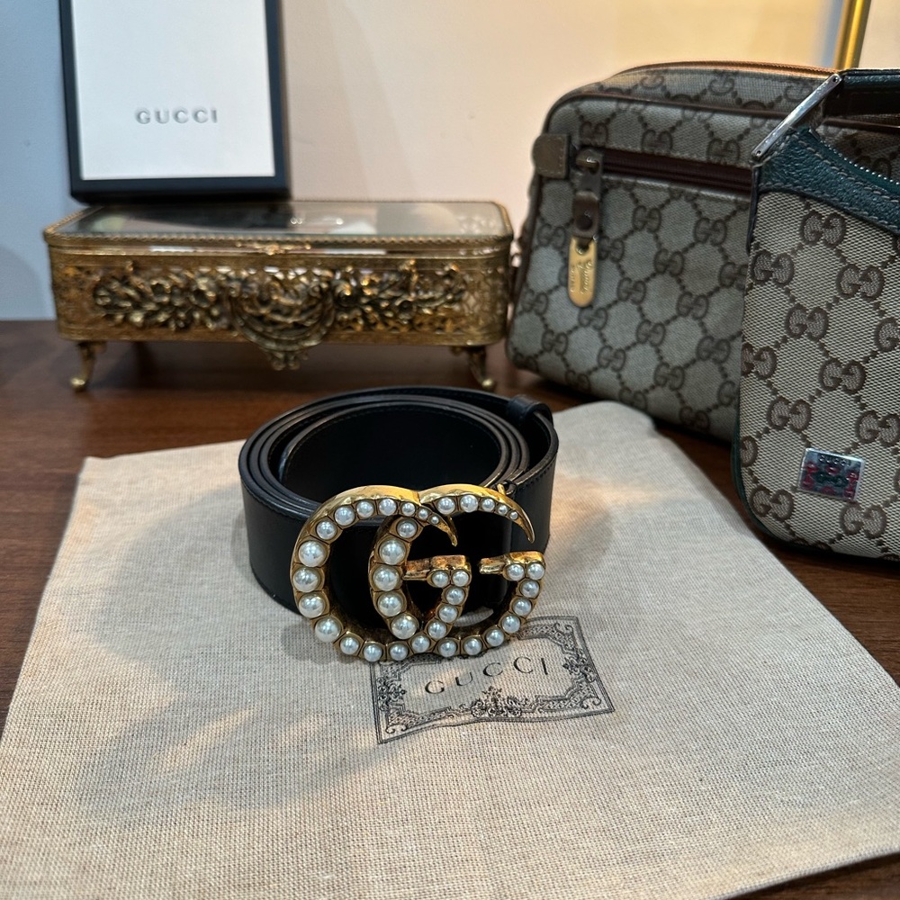 Gucci Leather Belt with Pearl Double G